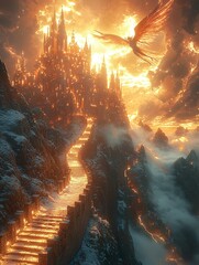 Poster - A dreamy pink and gold cloudscape, ethereal floating islands with castles, shimmering reflections in the sky, a winged figure soaring through the heavens, celestial fantasy setting, ultra-detailed,