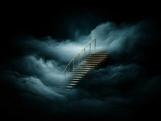 Poster - a vast cosmic landscape with floating golden staircases leading to an unknown destination, glowing n