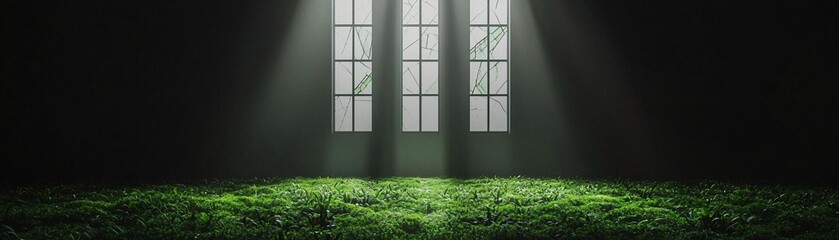 Poster - An abandoned cathedral overtaken by nature, glowing moss covering ancient statues, soft beams of light piercing through shattered stained glass, mystical and hauntingly beautiful, high-resolution