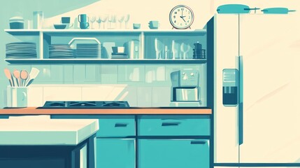 Wall Mural - Colorful kitchen interior illustration, modern appliances, sunlight. Use for interior design, home decor