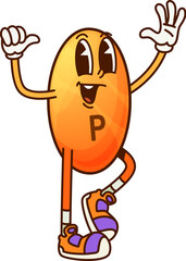 Aufkleber - Cartoon groovy vitamin P and micronutrient character with cheerful expression. Isolated vector funky orange Bioflavonoids capsule or pill retro y2k personage, embodying health, wellness and energy