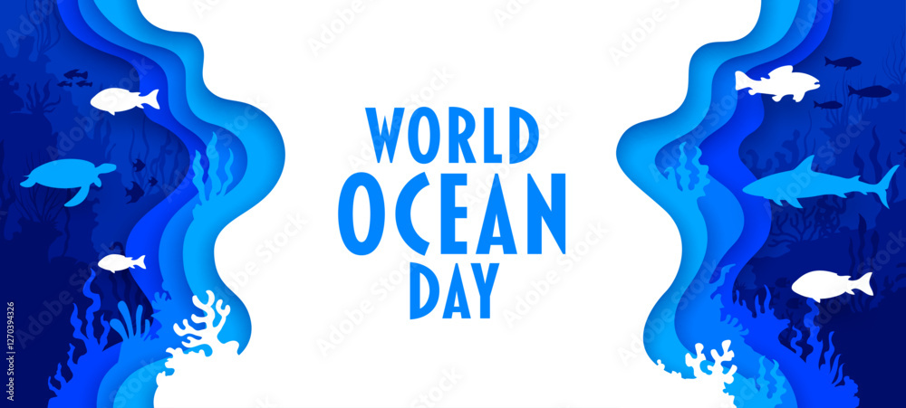 Paper cut World Ocean Day banner with underwater landscape, sea animals ...