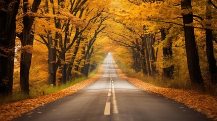 Wall Mural - leaves road with lines