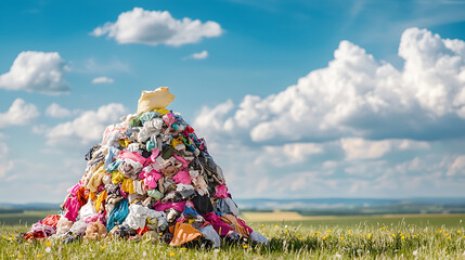 colorful pile of discarded clothing at waste dump under blue sky