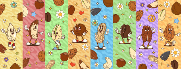 Aufkleber - Collage of cartoon groovy nut characters featuring almond, peanut, pistachio and coffee bean, pecan, brazil nut and peanut with macadamia and pumpkin seed each with playful expressions and retro vibe