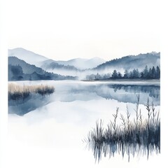  Watercolor painting of a peaceful morning fog over a quiet lake, on isolated white background
