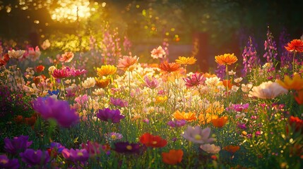 Canvas Print - Vibrant Floral Landscape at Sunset with a Variety of Colorful Flowers Blooming in a Meadow Surrounded by Nature