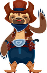 Poster - Cartoon sloth wild west animal cowboy and sheriff, ranger and bandit character dressed in a brown cowboy hat, a blue bandana, a vest, and a belt with holsters. Vector western personage waves hand
