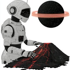 Wall Mural - astronaut robot exploring volcanic planet with ringed planet in background