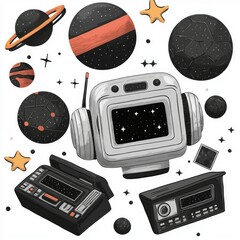 Wall Mural - retro futuristic space scene with cassette players and robot head