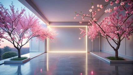 Wall Mural - Serene Minimalist Interior Design Featuring Blooming Cherry Blossom Trees and Soft Illumination