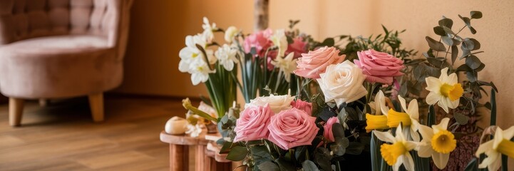 Canvas Print - Elegant flower arrangement featuring roses and daffodils indoors