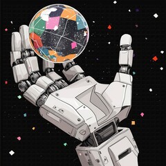 Wall Mural - robotic hand holding a fragmented earth globe in space