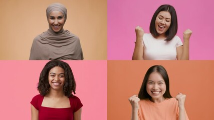 Poster - Four women express their excitement and joy after winning, showing cheerful gestures against vibrant backgrounds in a lively collection. Their expressions reflect happiness and triumph.