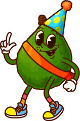 Aufkleber - Cartoon groovy Mexican avocado character with a festive birthday cake. Isolated vector cute and cheerful fruit personage sporting a big smile and hat blowing burning candle during joyful celebration
