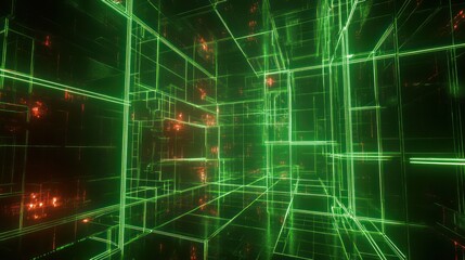 Wall Mural - Abstract Green Neon Grid: Digital Cyberspace