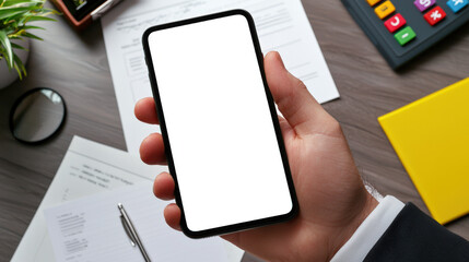 Wall Mural - A mockup of the phone in the businessman's hand, close-up, top view. A man holds a mobile phone with a white screen in his hand. Presentation of a mobile business application. Workplace