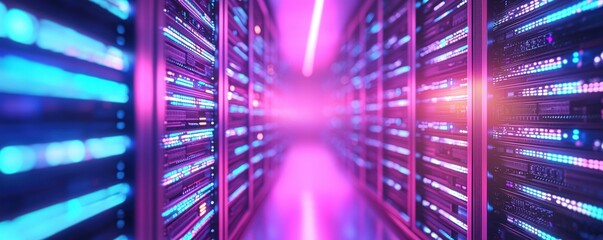 Poster - A vibrant data center corridor illuminated with neon lights, showcasing rows of servers and a futuristic ambiance.