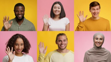 Poster - A joyful group of six multiracial individuals wave hello with positive expressions. Each person showcases unique backgrounds, fostering a spirit of inclusivity and warmth.