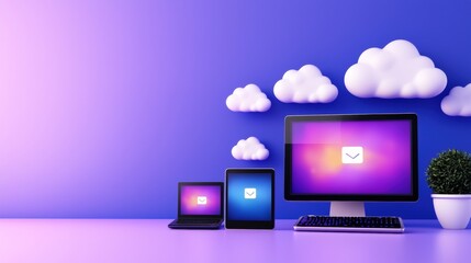 Poster - A modern workspace featuring a computer, tablet, and smartphone against a vibrant purple background, with cloud icons suggesting digital communication.