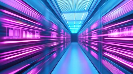 Wall Mural - A futuristic corridor illuminated with vibrant blue and pink lights, creating a dynamic and immersive technological atmosphere.