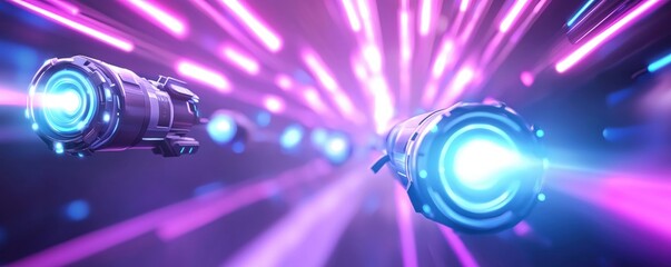 Poster - a futuristic scene featuring glowing propulsion devices emitting vibrant light trails, suggesting hi