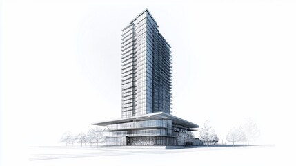 Aufkleber - Architectural Sketch of a Modern High-Rise Building with Trees on a White Background