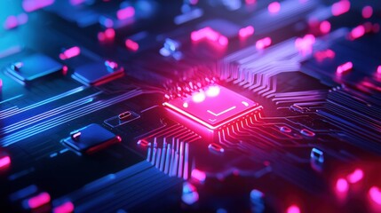 Poster - A vibrant close-up of a microchip surrounded by glowing circuitry, showcasing an advanced technological design with a futuristic aesthetic.