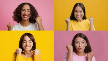 Poster - Four happy women express their excitement and joy with raised fists in a colorful setting, showcasing their enthusiasm for winning and achievement. The scene radiates positivity and celebration.