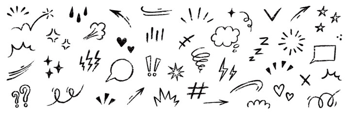 Fototapete - Line movement element hand drawn chalk effect decoration shape. Hand drawn cute doodle line element arrow, emphasis, shock, sparkle. Motion cartoon movement chalk icon. Vector illustration