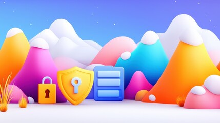 Poster - A colorful, stylized landscape features a padlock, shield, and server icon, symbolizing security and data protection in a playful manner.
