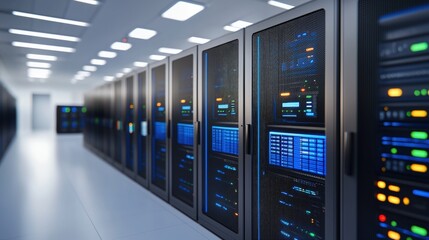 Poster - A sleek data center hallway lined with high-tech server racks, illuminated by bright lights, showcasing advanced networking equipment.