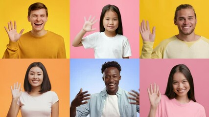 Poster - A diverse collection of individuals, including children and adults, wave hello with cheerful expressions.