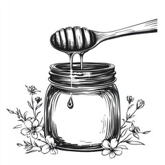 Poster - Honey jar with wooden spoon, floral design, vintage illustration