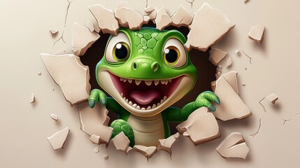 Wall Mural - Playful crocodile breaking wall, game asset