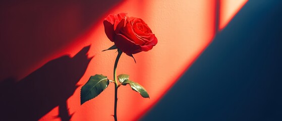 Poster - Dramatic Red Rose on a Wall with Strong Light and Shadow Creating a Romantic Mood