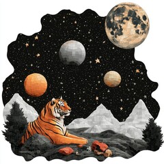 Wall Mural - serene tiger under a cosmic sky a mystical jigsaw puzzle illustration