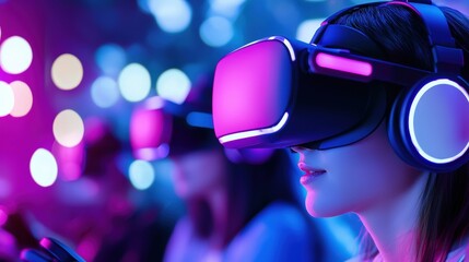 Poster - A person wearing a VR headset, immersed in a colorful, illuminated environment, exploring virtual reality technology.