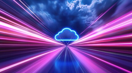 Poster - a vibrant digital landscape featuring a glowing cloud symbol, surrounded by colorful light trails, e