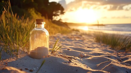 Poster - Sunset beach sand bottle message ocean