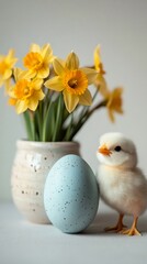 Wall Mural - Cute baby chick standing next to a light blue Easter egg and daffodils in a vase