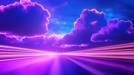 Poster - A vibrant, futuristic landscape featuring purple clouds and neon light trails, creating a sense of motion and depth in a surreal sky.