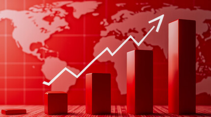 Poster - Red Bar Graph with Upward Trend Against World Map Background Representing Business Growth and Financial Success in Global Markets