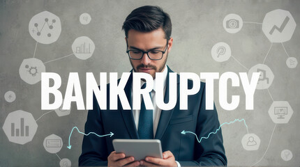 Poster - professional man analyzing financial data on tablet in modern office environment with bankruptcy con