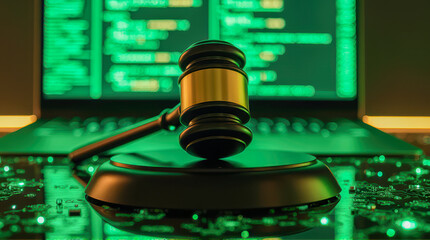 Poster - Justice and Technology Concept with Gavel in Front of Code on Laptop Screen Highlighting Law and Digital Crime Themes