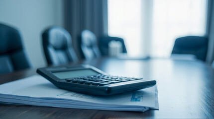 Poster - Calculator on Desk with Business Documents in a Modern Conference Room Setting for Professional and Corporate Use