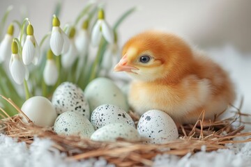 Wall Mural - Little chick resting on easter eggs in a nest with snowdrops