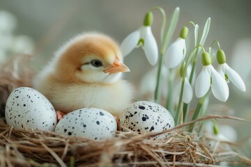 Wall Mural - Cute baby chick sitting in nest with easter eggs and snowdrops