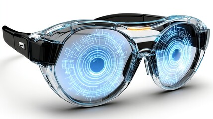 Futuristic smart glasses display data; white background