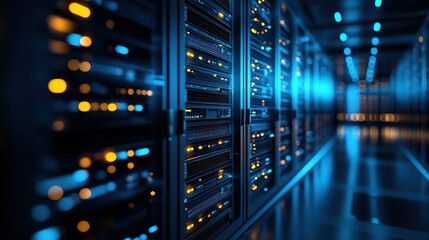 Poster - server room data center network infrastructure, glowing lights, technology background